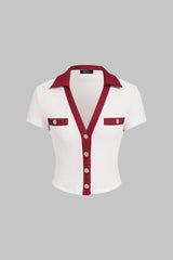 "Contrast Trim Textured Button Short Sleeve Top"
