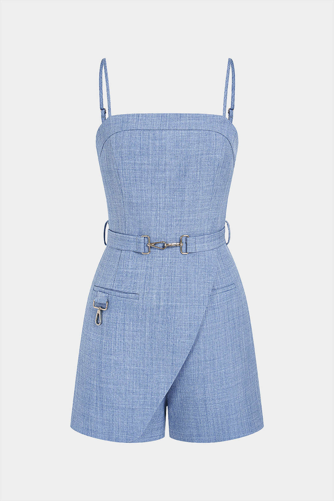 "Belted Pocket Asymmetrical Slip Sleeveless Romper"