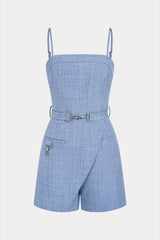 "Belted Pocket Asymmetrical Slip Sleeveless Romper"