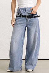 "Denim Belted Frayed High Waist Zipper Wide Leg Jeans"