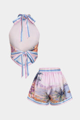 "Artistic Floral Print Halter Neck Tie-Up Top And Shorts Set"
