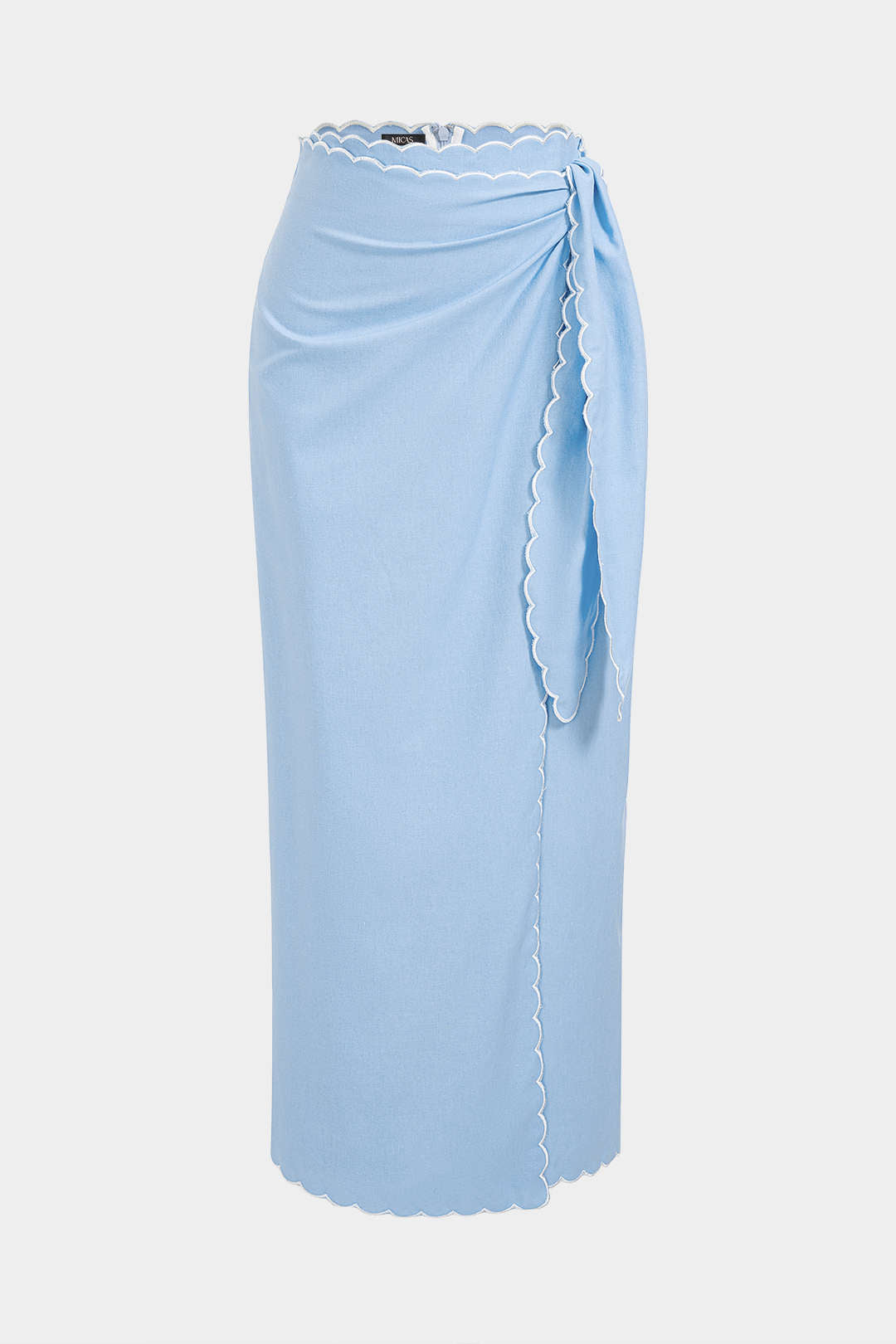 "Contrast Whipstitching Linen Tie Front Wrap Skirt"
