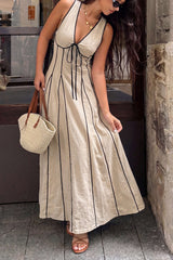 "Contrast Binding V-Neck Tie-Up Sleeveless Maxi Dress"