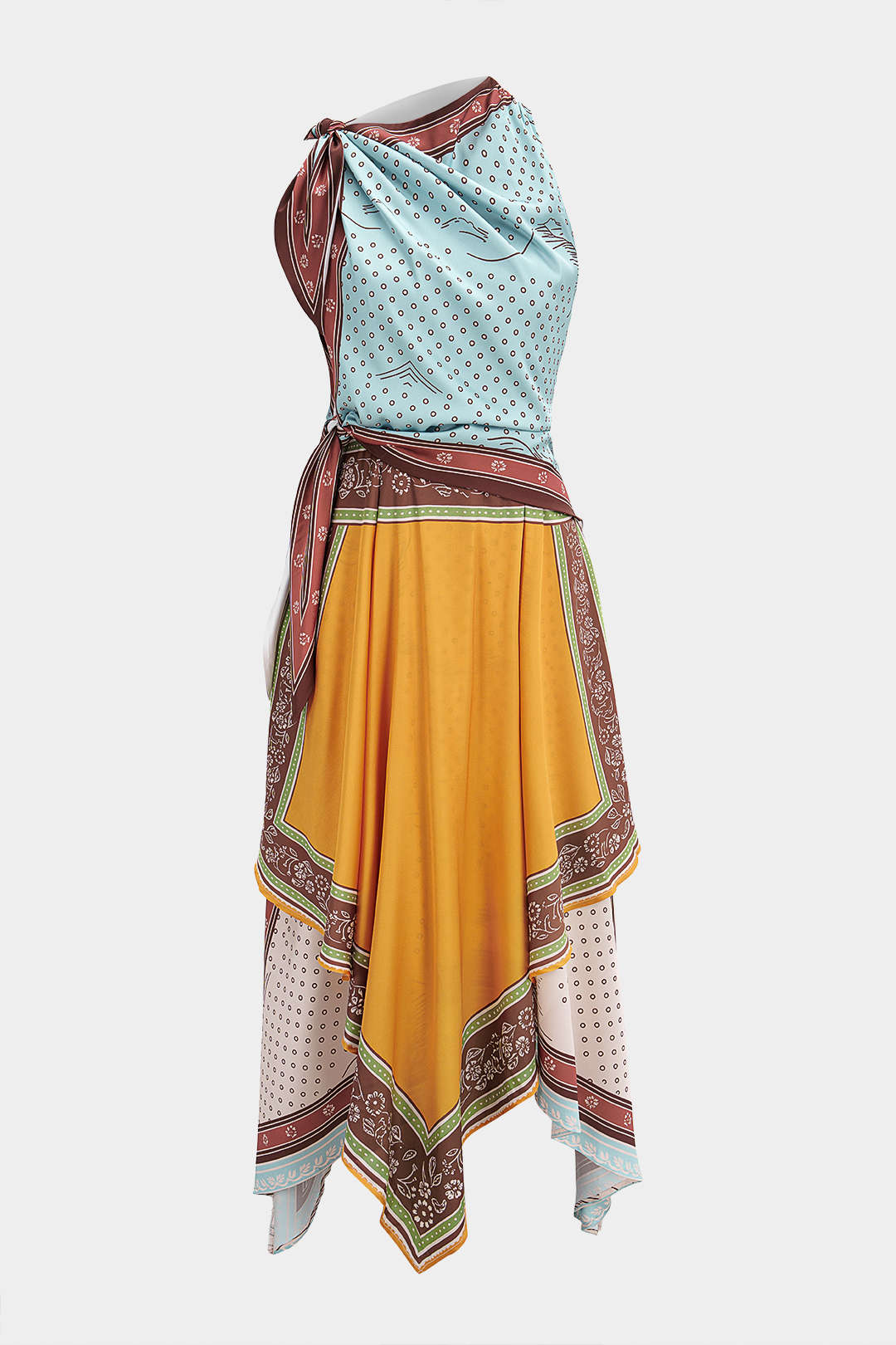 "Contrast Polka Dots Print Tie-Up Asymmetrical Sleeveless Midi Dress"