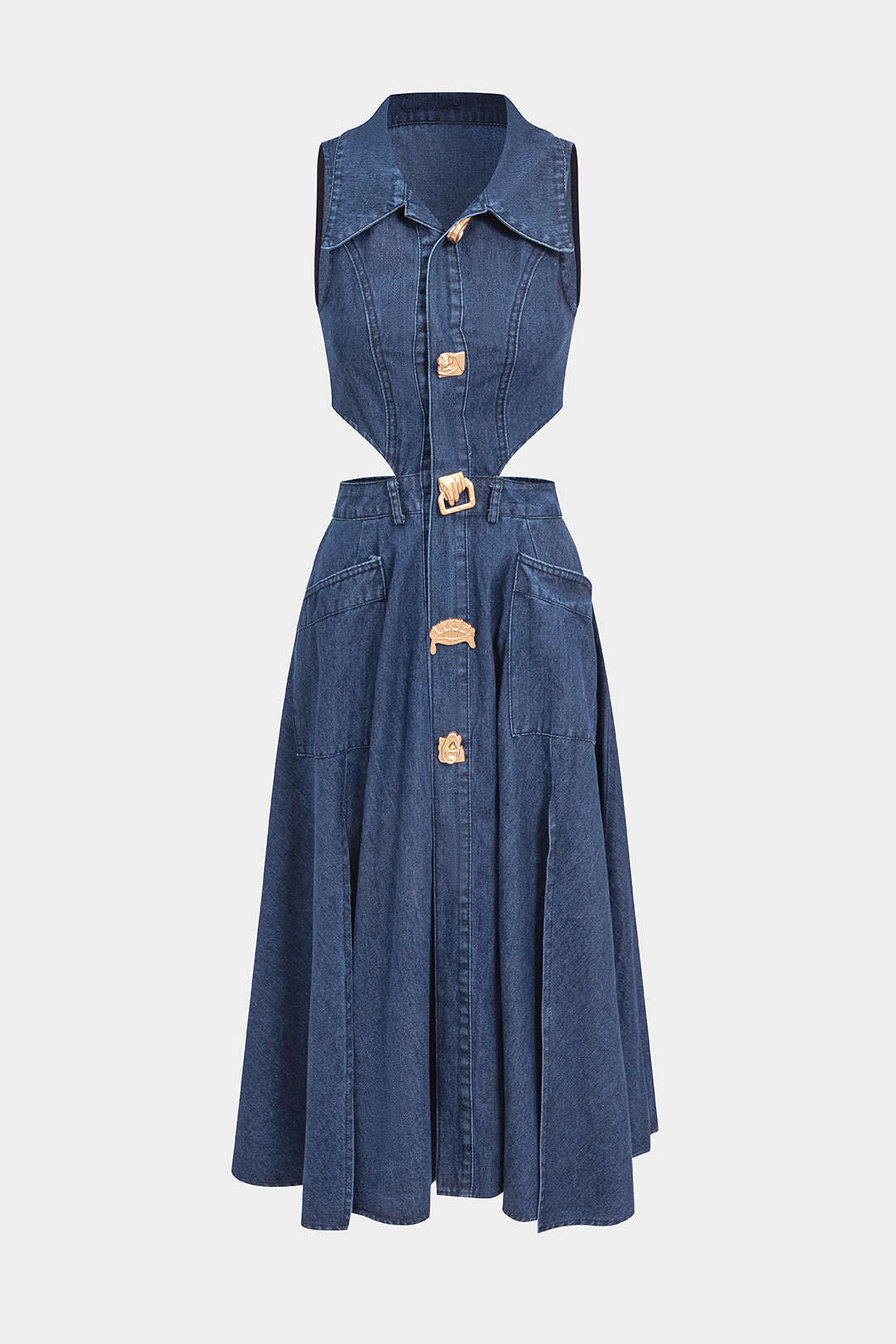 "Denim Button Cut Out Midi Dress"