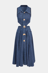 "Denim Button Cut Out Midi Dress"