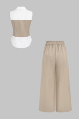 "Contrast Metallic Button Vest And Wide Leg Pants Set"