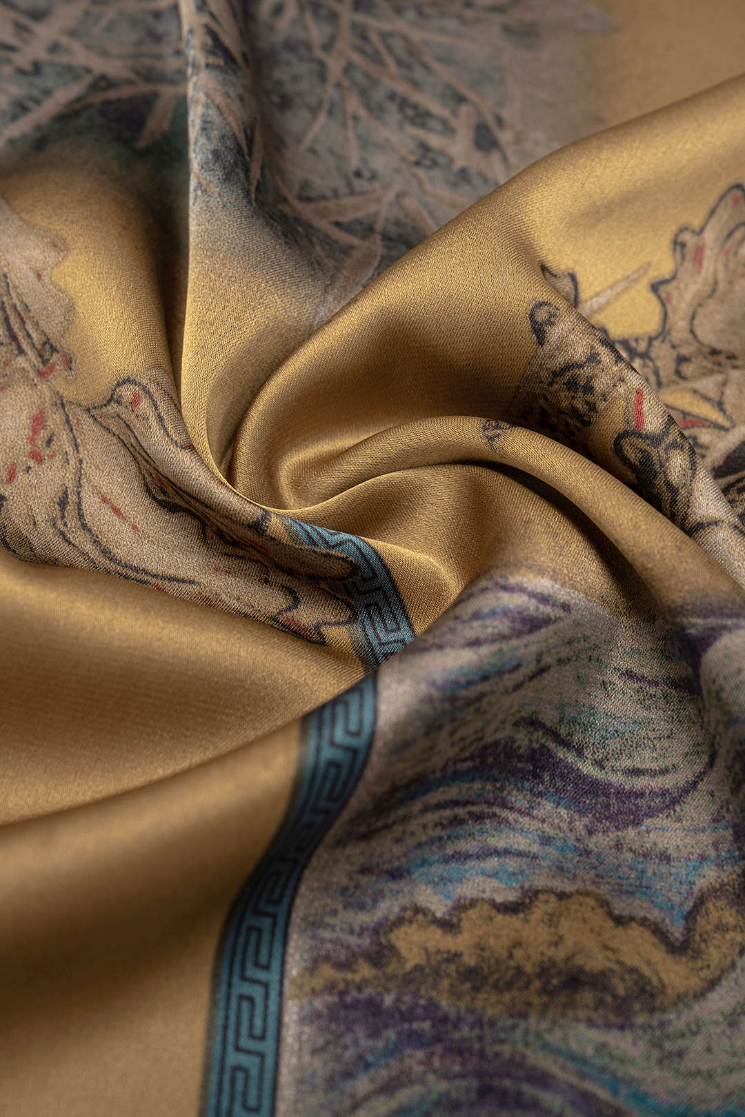 "Abstract Print Satin Shirred Waistband Wide Leg Pants"