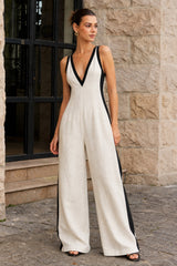 "Contrast Binding V-Neck Wide Leg Jumpsuit"