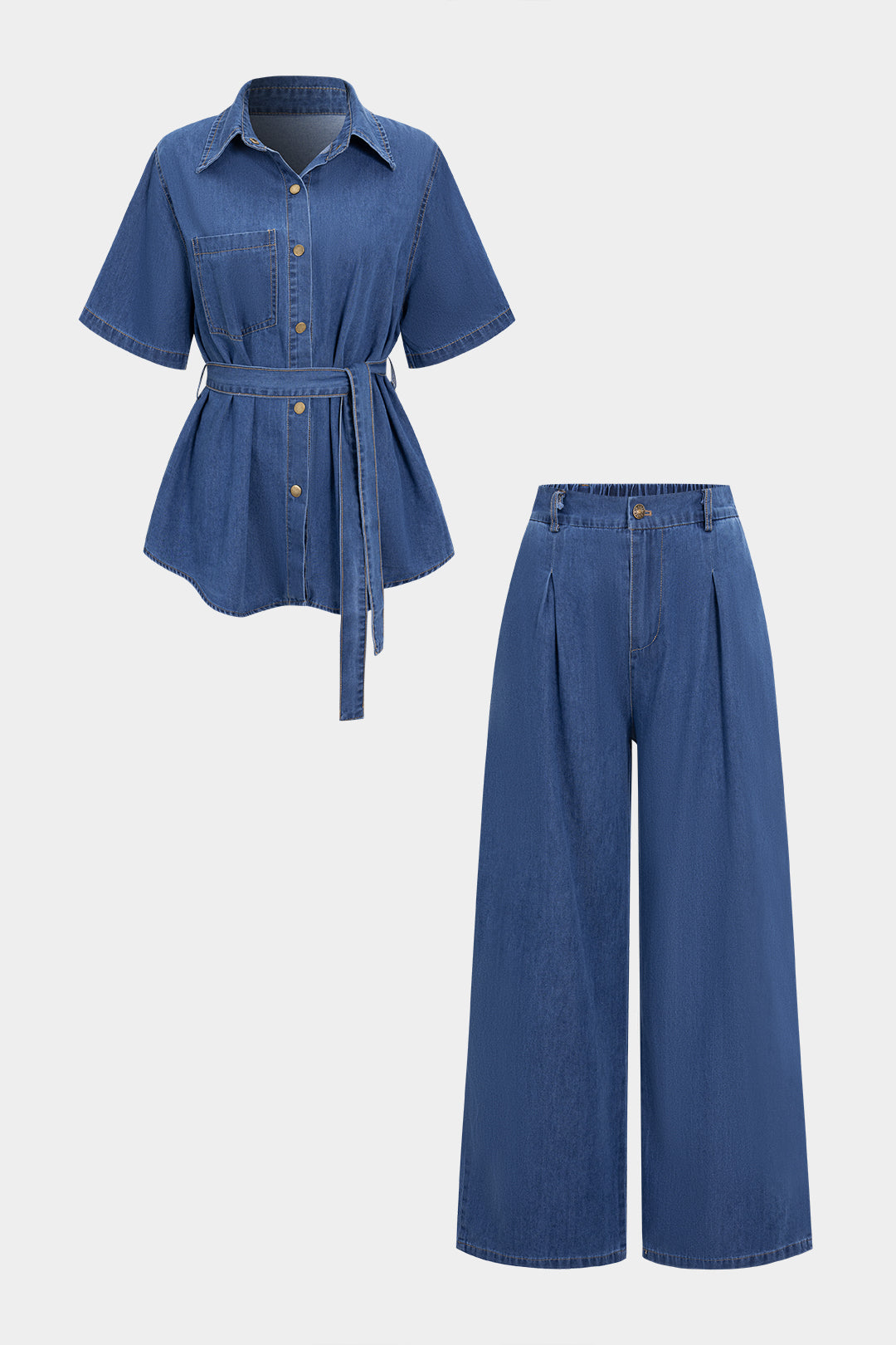 "Denim Button Tie Shirt And Jeans Set"