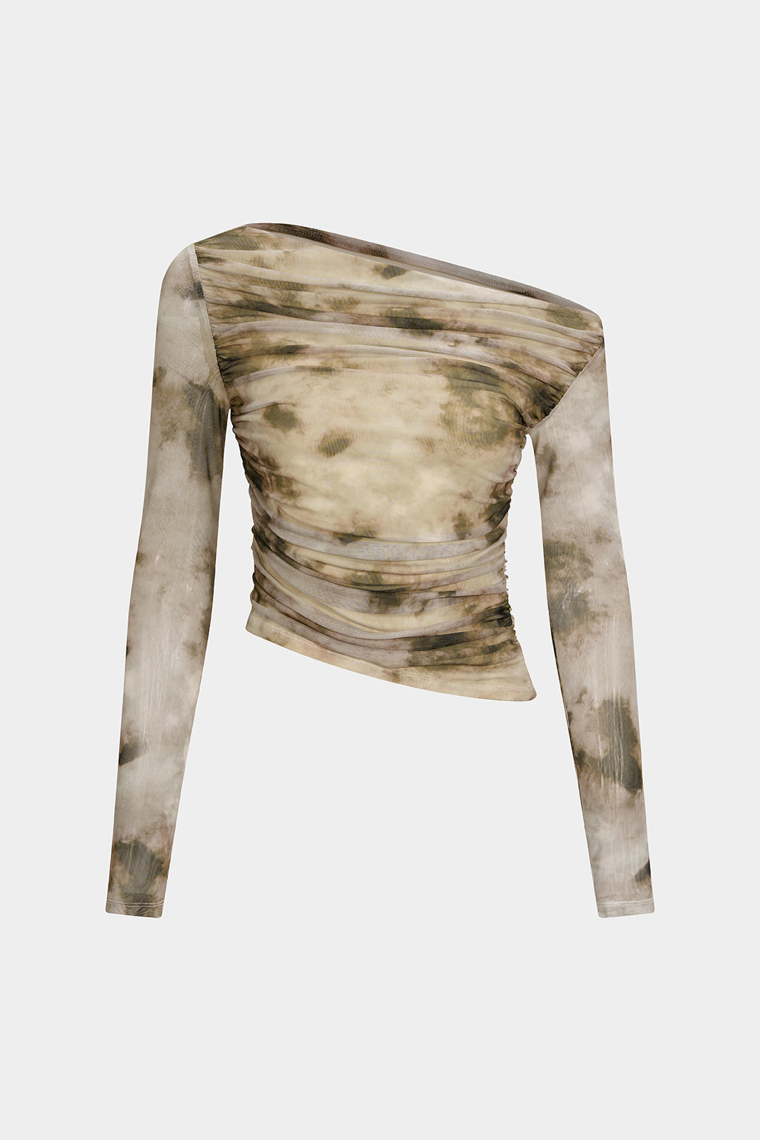 "Abstract Print Mesh Off Shoulder Ruched Asymmetrical Long-Sleeve Top"