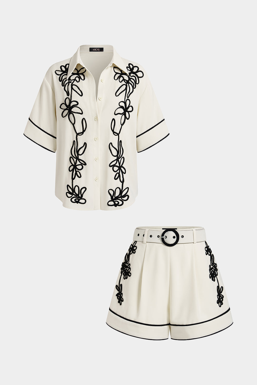 "Contrast Flower Applique Short Sleeve Shirt And Belted Shorts Set"