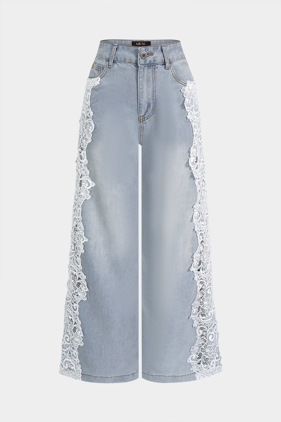 "Denim Lace Trim Patchwork Pocket Jeans"