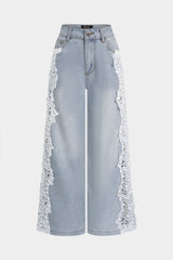 "Denim Lace Trim Patchwork Pocket Jeans"