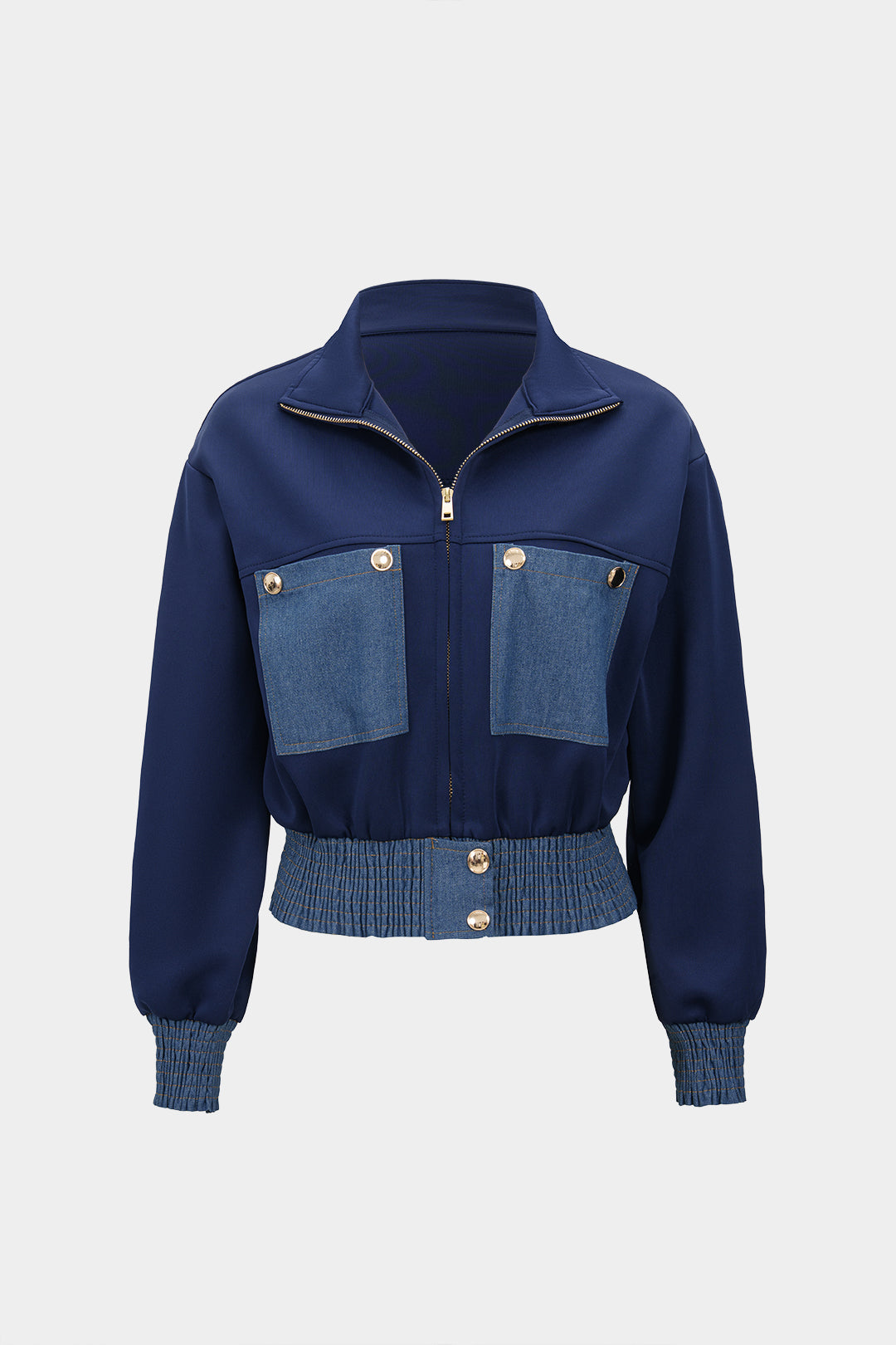 "Contrast Print Denim Patchwork Smocked Zipper Jacket"