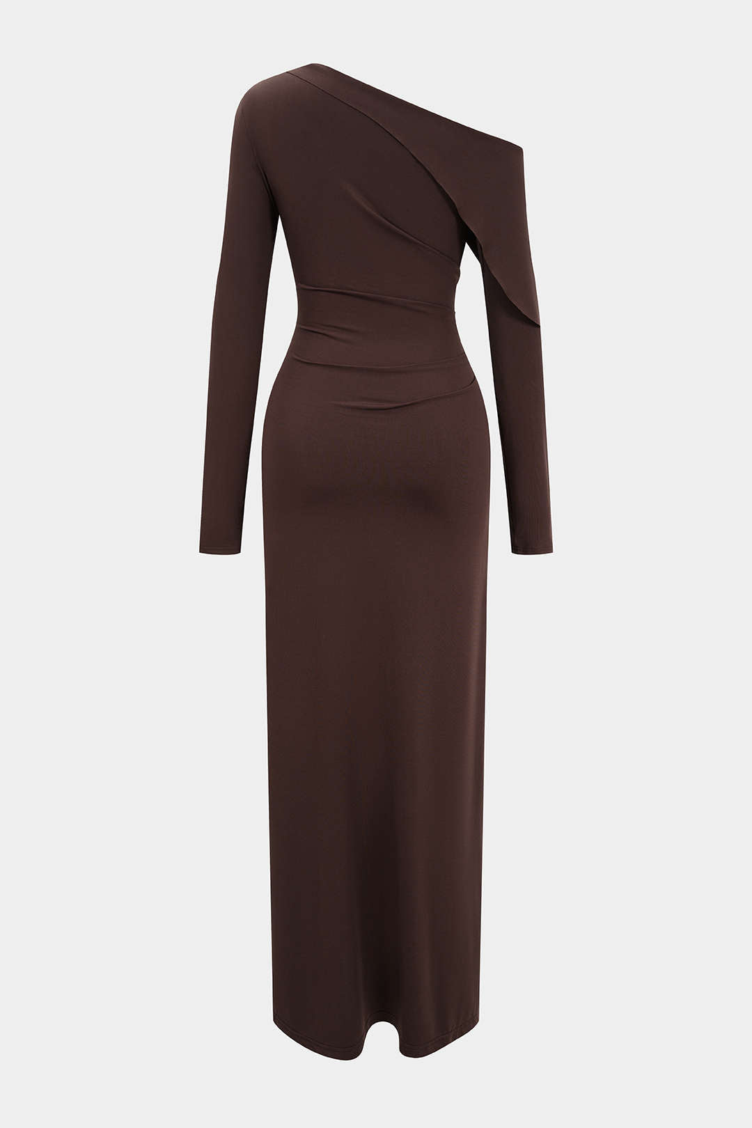 "Asymmetrical Neck Ruched Long-Sleeve Maxi Dress"