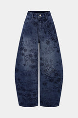 "Denim Floral Print Zipper Barrel Jeans"