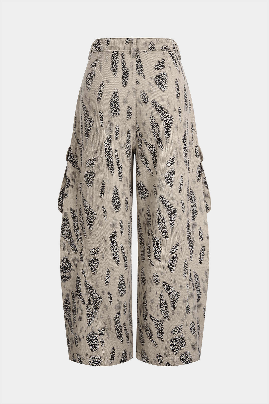 "Denim Leopard Print Pleated Zipper Wide Leg Jeans"