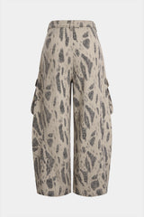 "Denim Leopard Print Pleated Zipper Wide Leg Jeans"