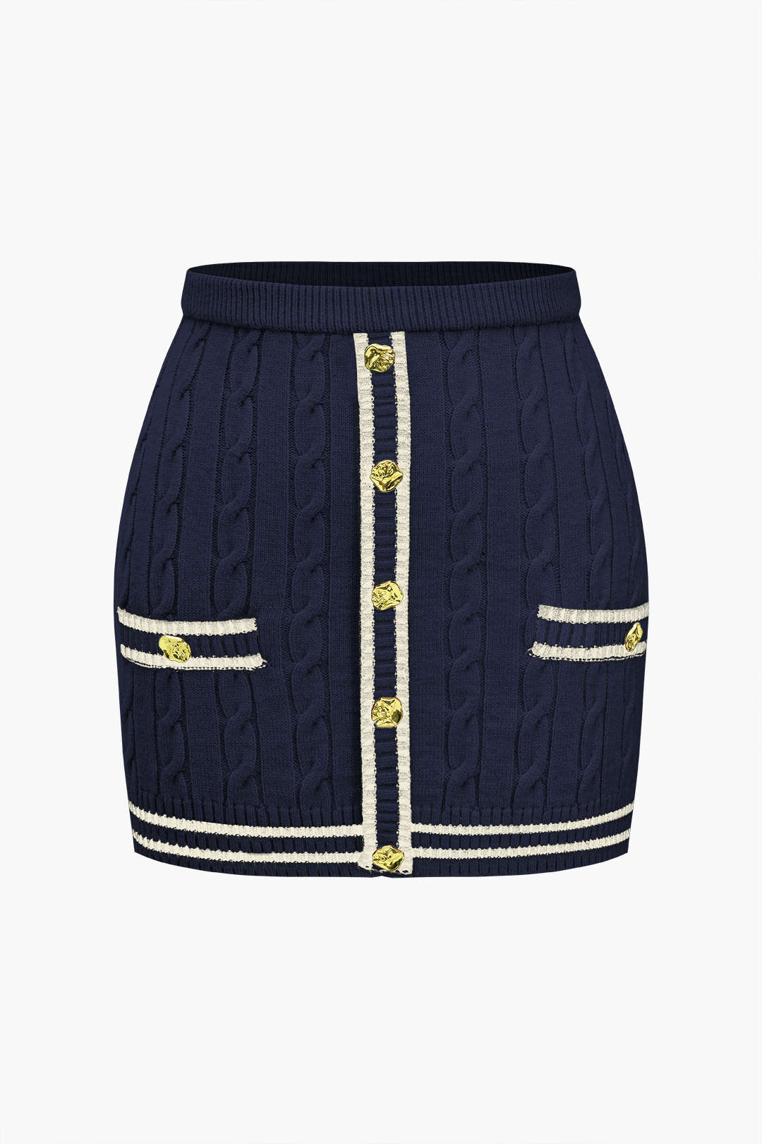 "Color Block Print Knit Button Skirt"