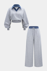 "Contrast Patchwork Long-Sleeve Top And Shirred Waistband Drawstring Trousers Set"
