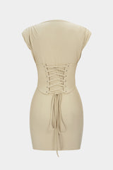 "Belted Tie Back Shoulder Pads Sleeveless Mini Dress"