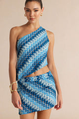 "Color Block Print One Shoulder Tank Top And Skirt Set"
