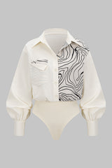 "Abstract Print Patchwork Button Pocket Long Sleeve Bodysuit"