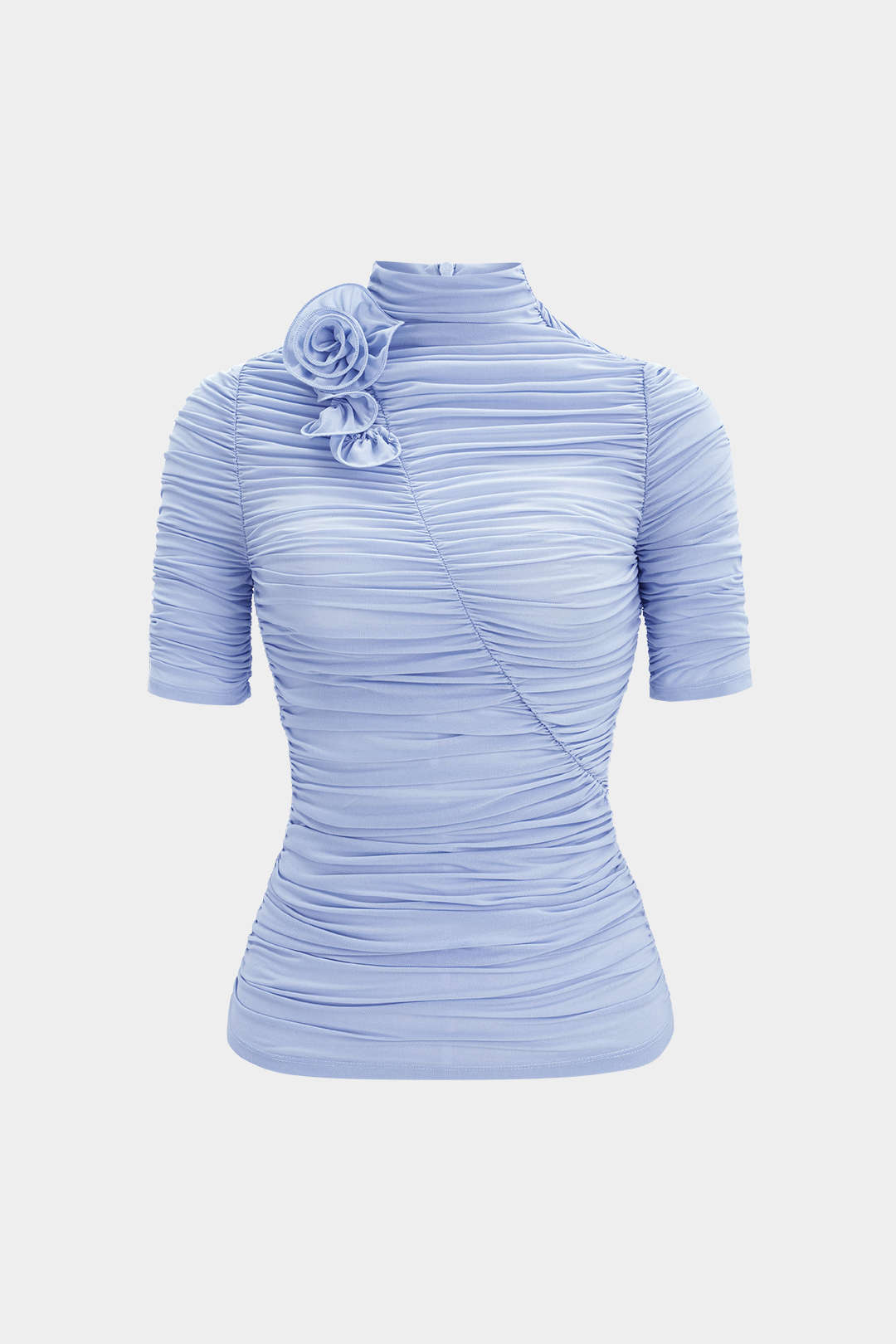 "3D Flower Mock Neck Ruched Zipper Short Sleeve T-shirt"