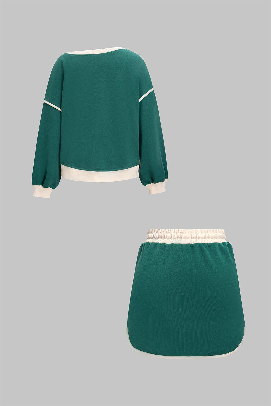 "Contrast Binding Long-Sleeve Top And Drawstring Skirt Set"