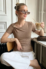 "Asymmetrical Metallic Ruched Short Sleeve T-Shirt"