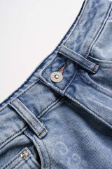 "Denim Artistic Print Rhinestone Straight Leg Jeans"