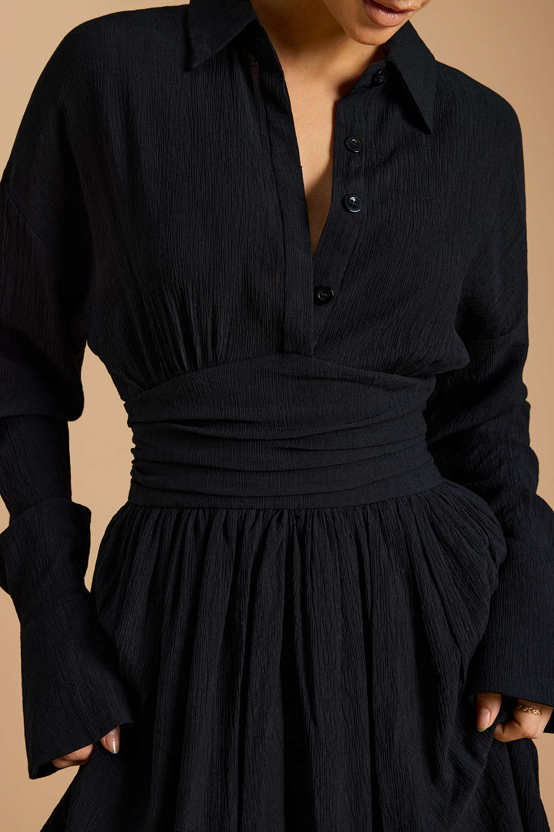 "Button Ruched Long Sleeve Mini Dress"