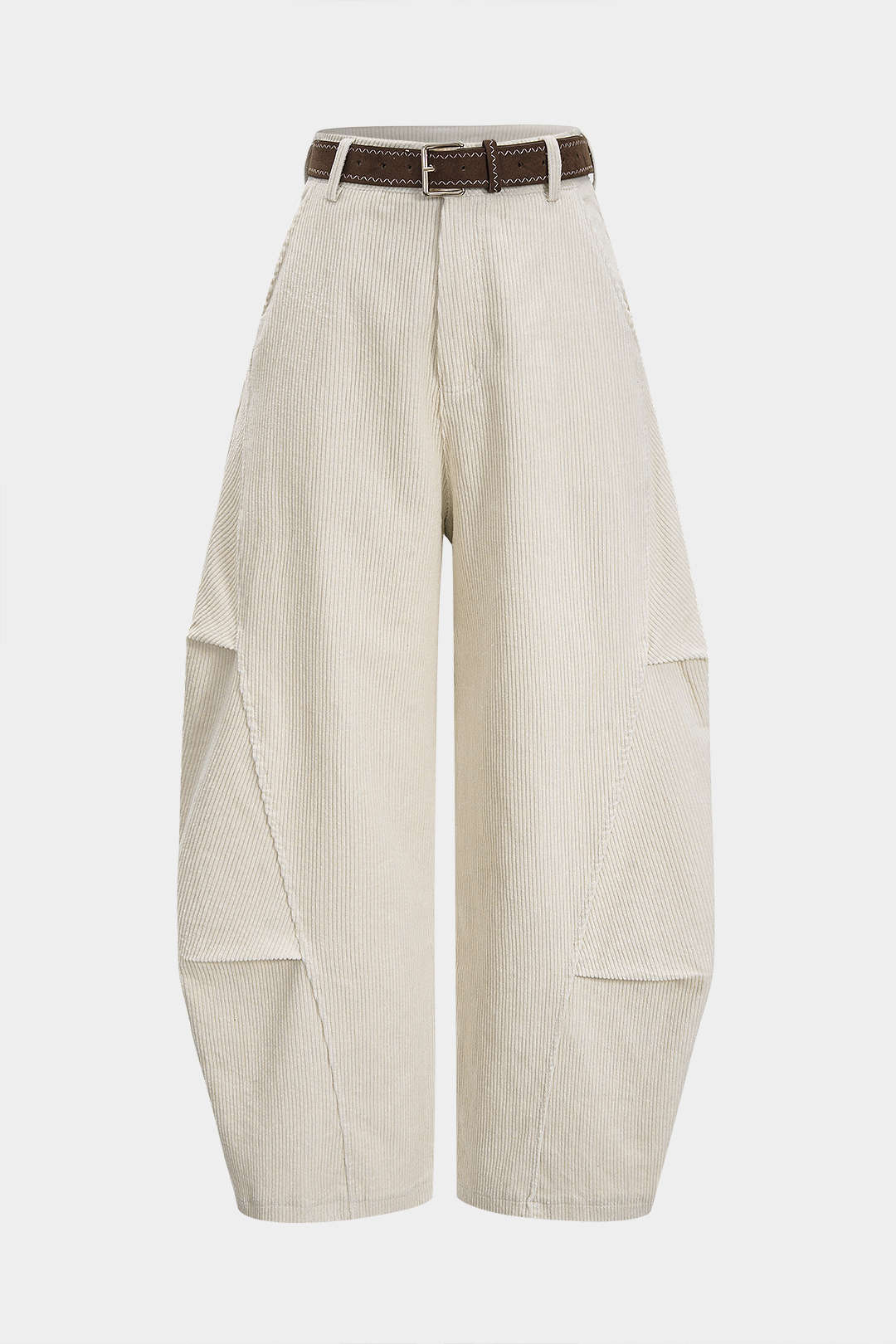 "Corduroy Belted Ruched High Waist Wide Leg Pants"
