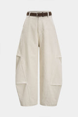 "Corduroy Belted Ruched High Waist Wide Leg Pants"