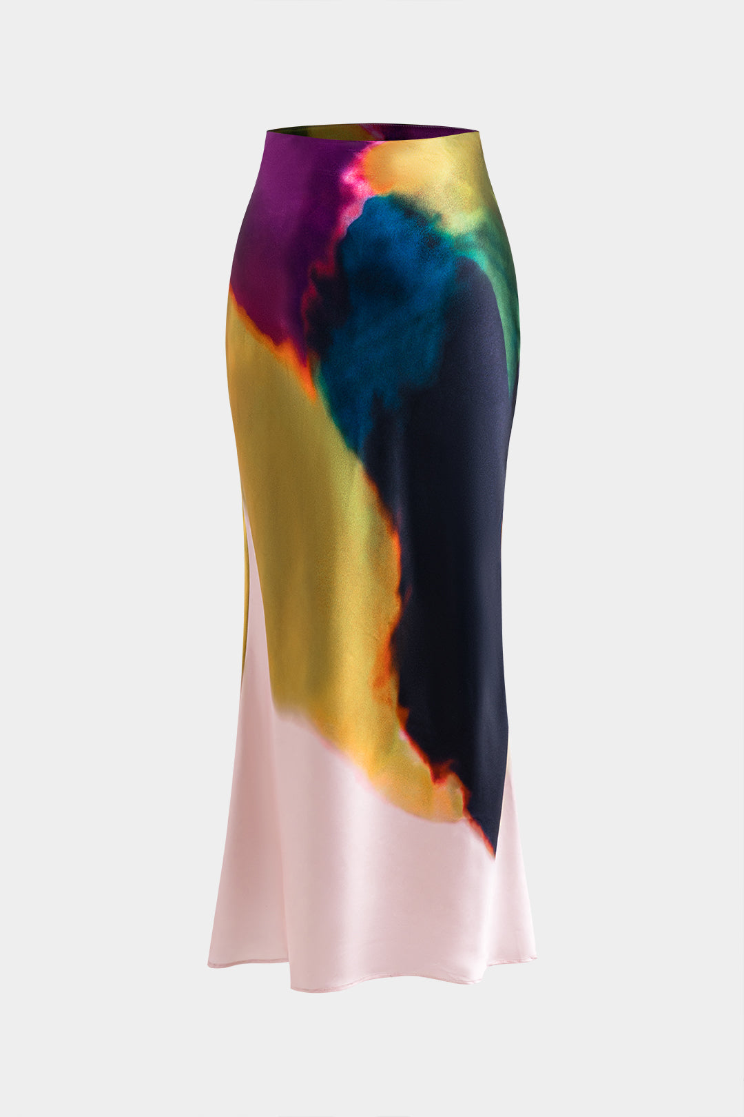 "Contrast Print Satin Zipper Skirt"