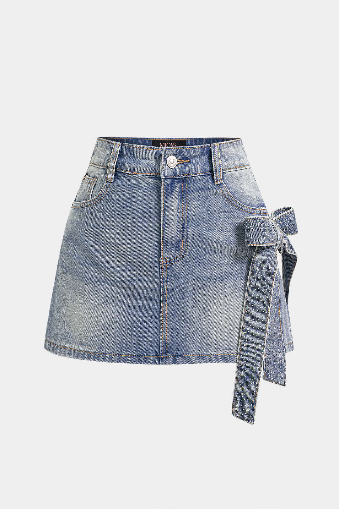 "Denim Asymmetrical Rhinestone Bow Skirt"