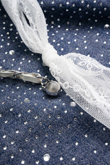 "Denim Mesh Patchwork Belted Asymmetrical Rhinestone Decor Jeans"