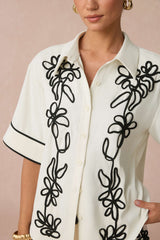 "Contrast Flower Applique Short Sleeve Shirt And Belted Shorts Set"