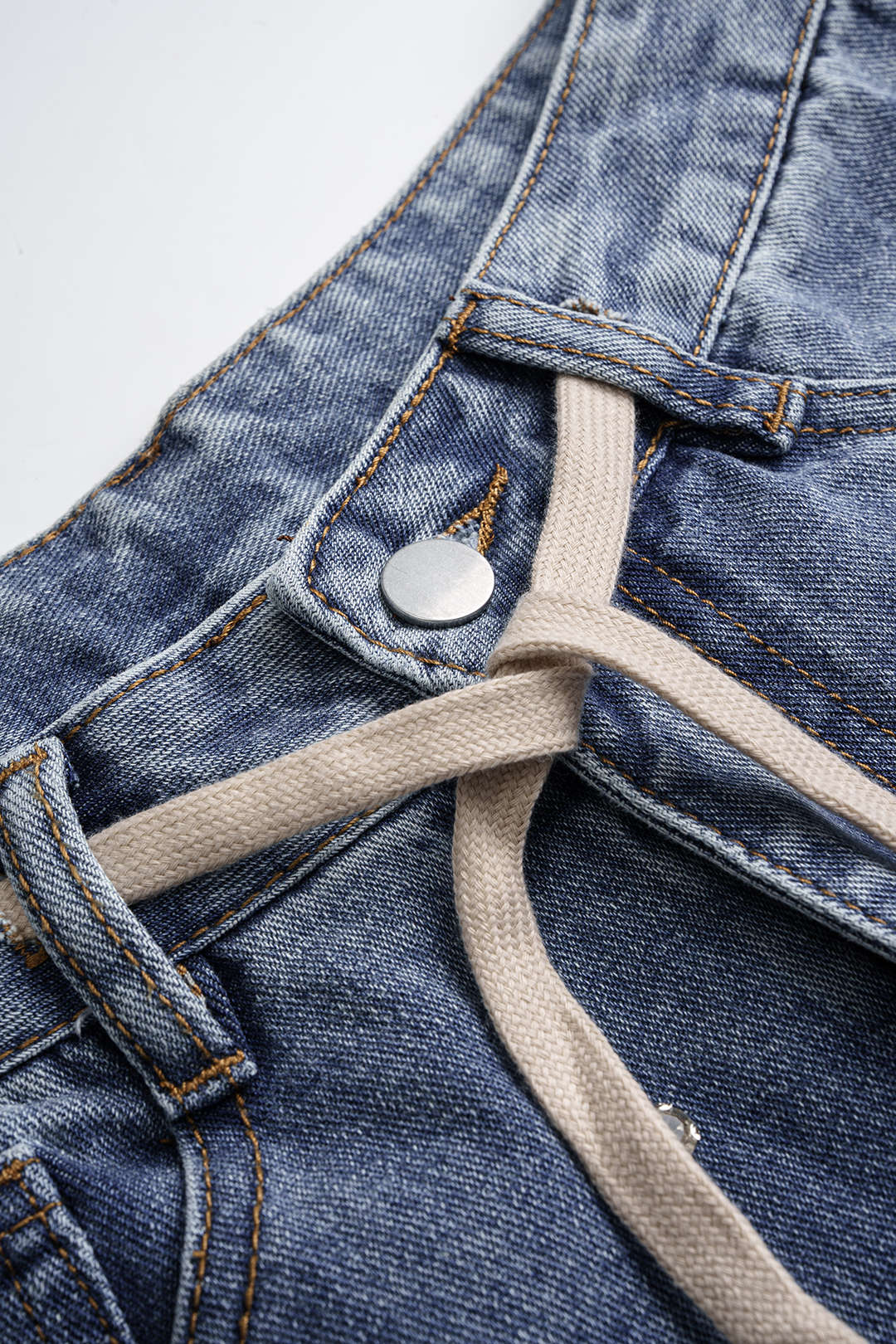 "Denim Drawstring Beads Decor High Waist Wide Leg Jeans"