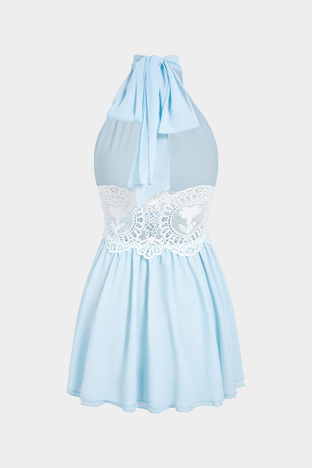 "Chiffon Patchwork Lace Halter Neck Tie-Up Backless Cut Out Sleeveless Mini Dress"