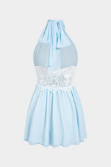 "Chiffon Patchwork Lace Halter Neck Tie-Up Backless Cut Out Sleeveless Mini Dress"