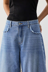 "Denim Frayed Wide Leg Jeans"