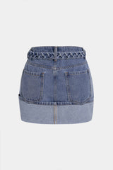 "Denim Braided Belted Pocket Skirt"