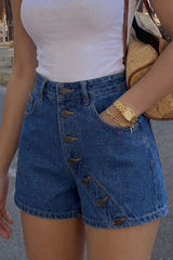"Denim Asymmetrical Button Shorts"