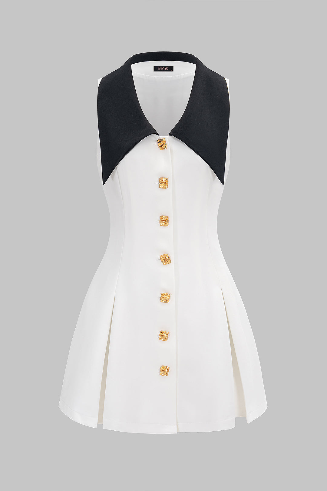 "Contrast Lapel V-neck Metallic Sleeveless Mini Dress"
