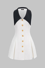 "Contrast Lapel V-neck Metallic Sleeveless Mini Dress"