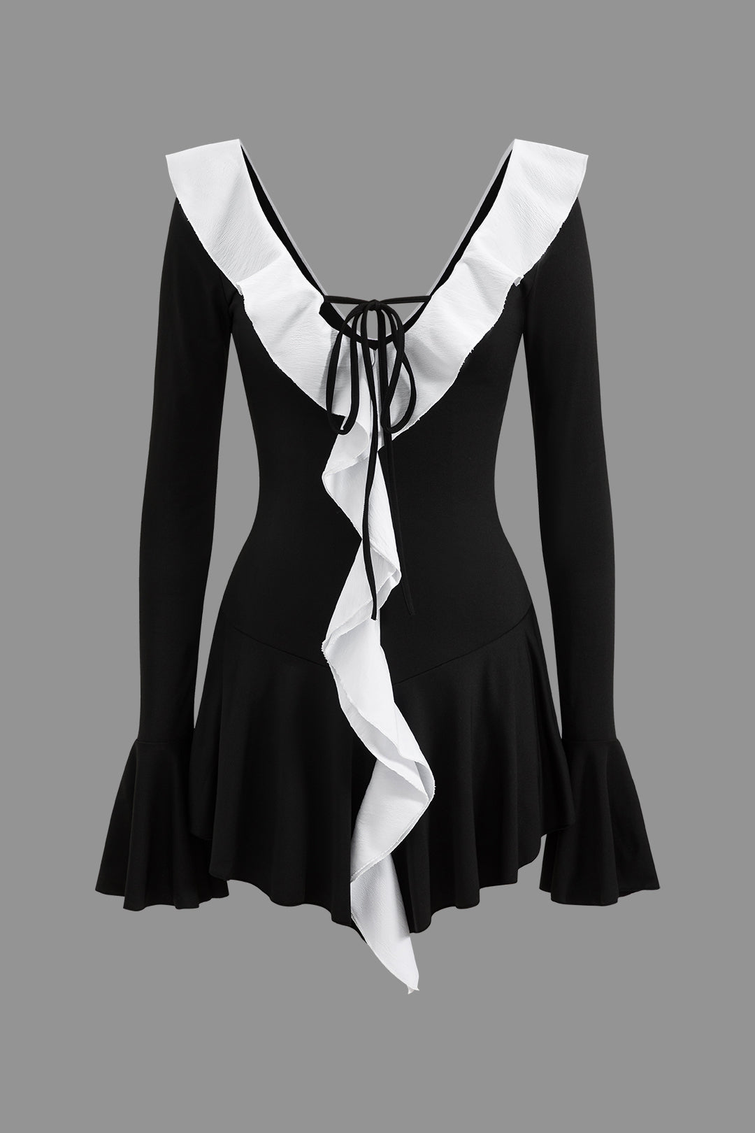 "Contrast Ruffle Neck Tie Front Bell Sleeve Mini Dress"