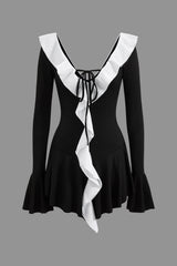 "Contrast Ruffle Neck Tie Front Bell Sleeve Mini Dress"