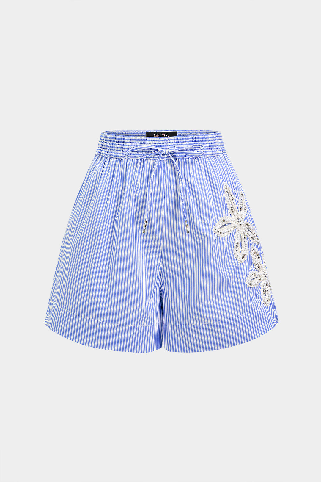 "Asymmetrical Embroidery Rhinestone Tie-Up Wide Leg Shorts"